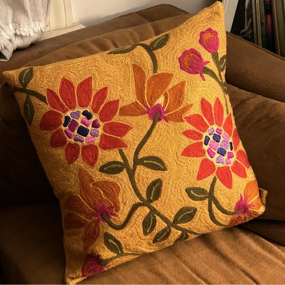Crate & Barrel Crewel Flowers Pillow